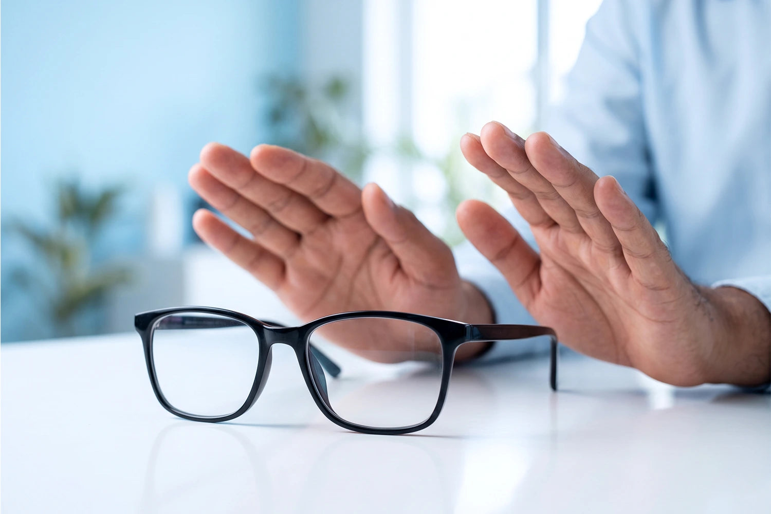 A person placing eyeglasses on a table