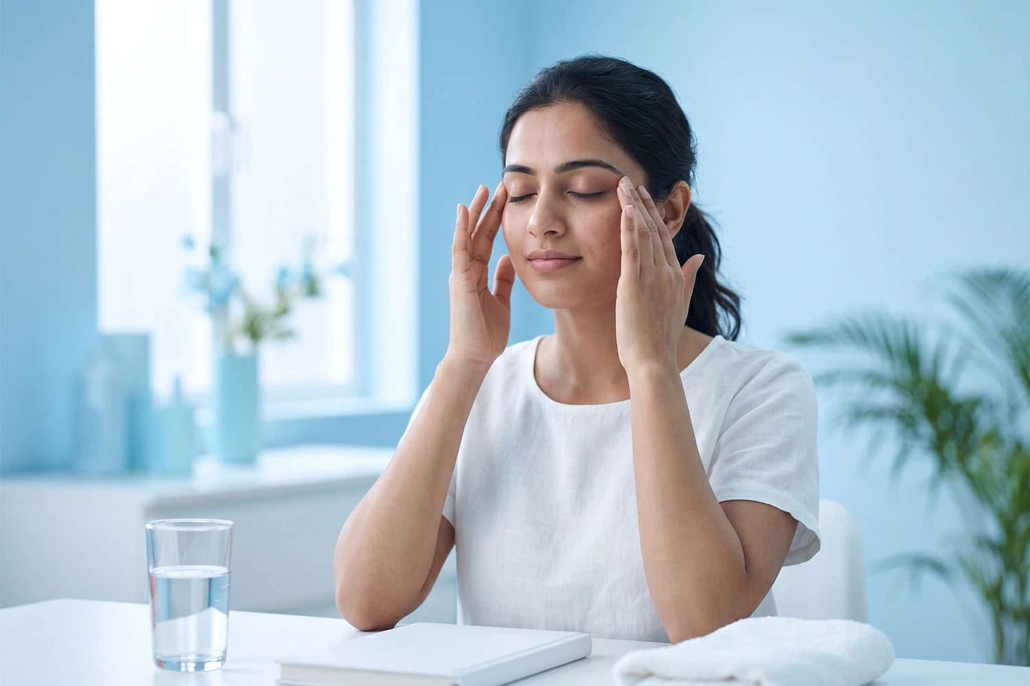 A woman gently resting her fingers near her eyes