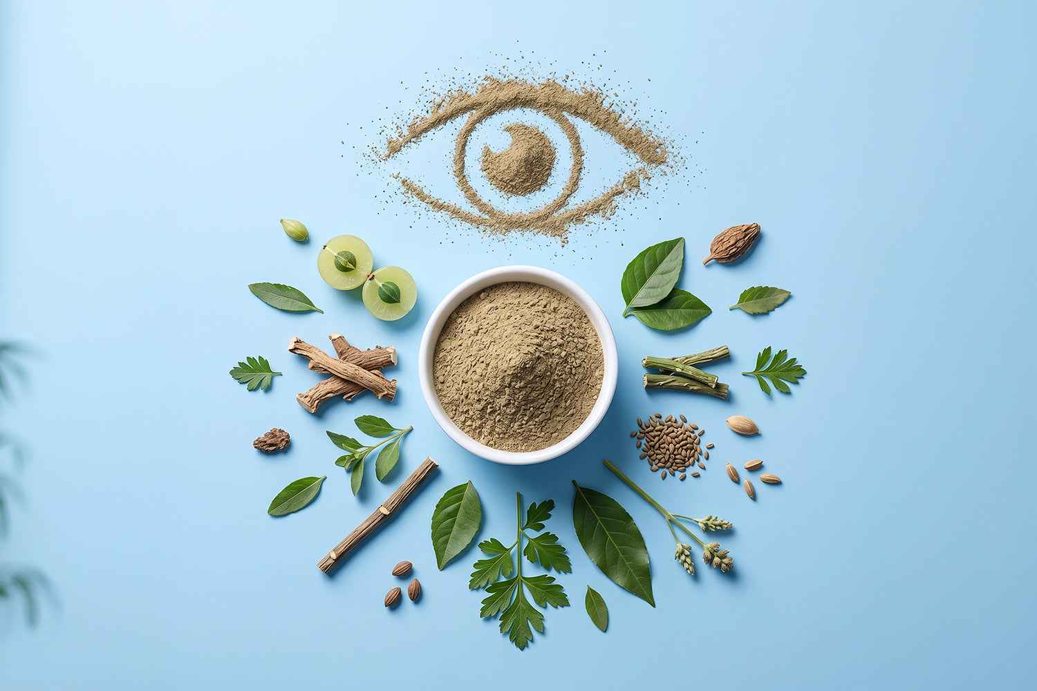 A decorative arrangement of herbs around an eye symbol