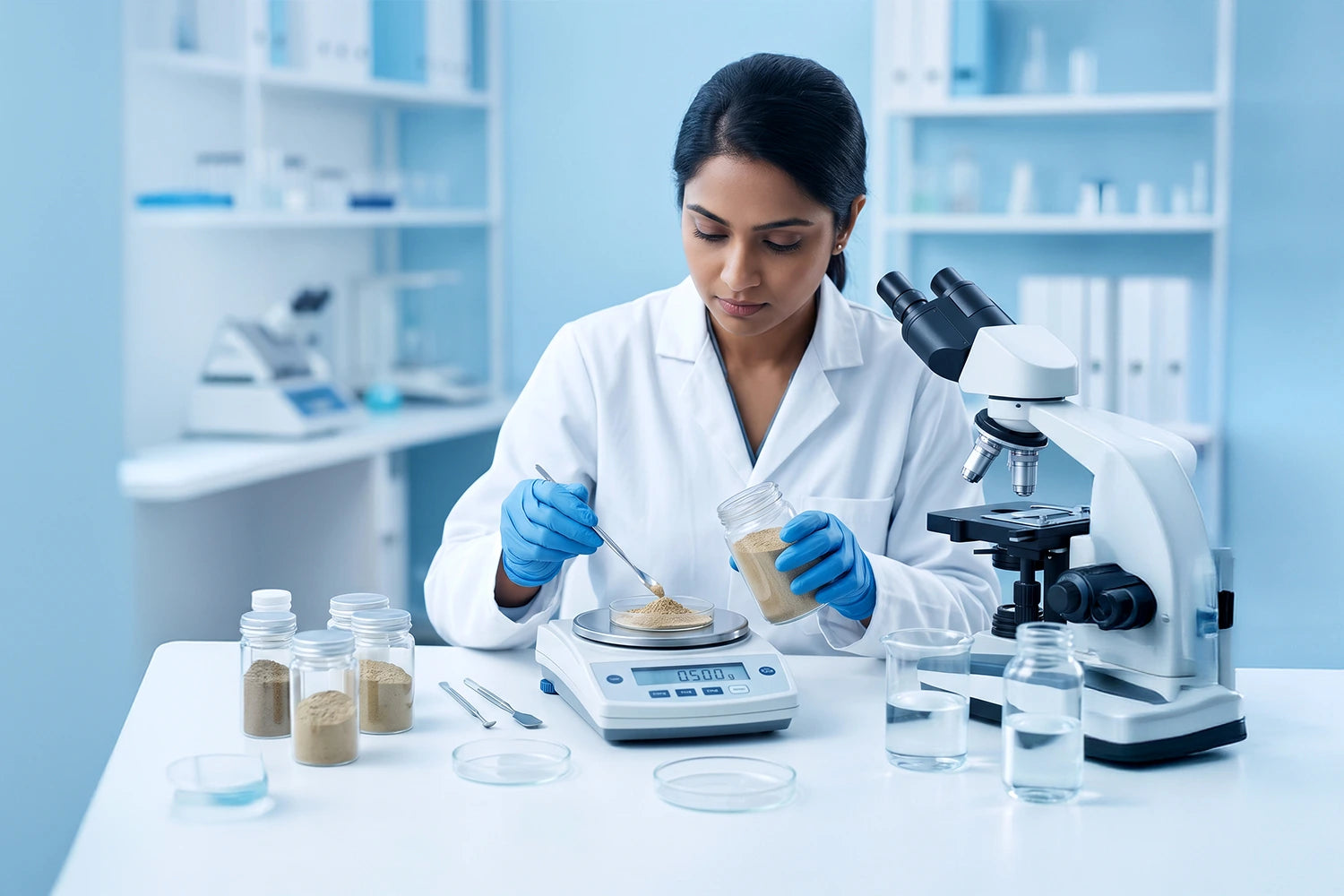 A laboratory professional working at a microscope